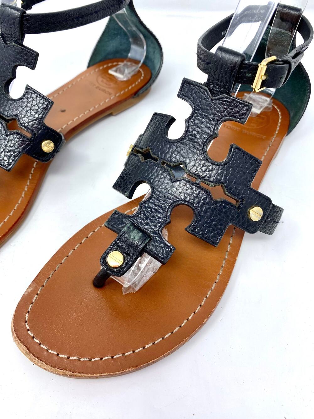 Tory Burch Black Leather Double T Logo Thong Sandals Gold Hardware 8.5